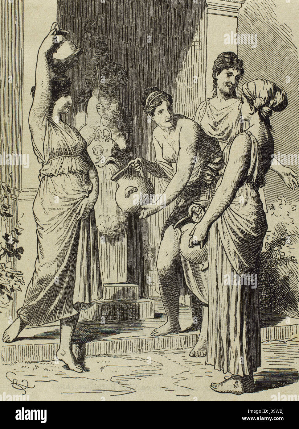 Greece. The slaves are picking water up from the public fountain. Engraving. 'El Mundo Ilustrado', 1880. Stock Photo