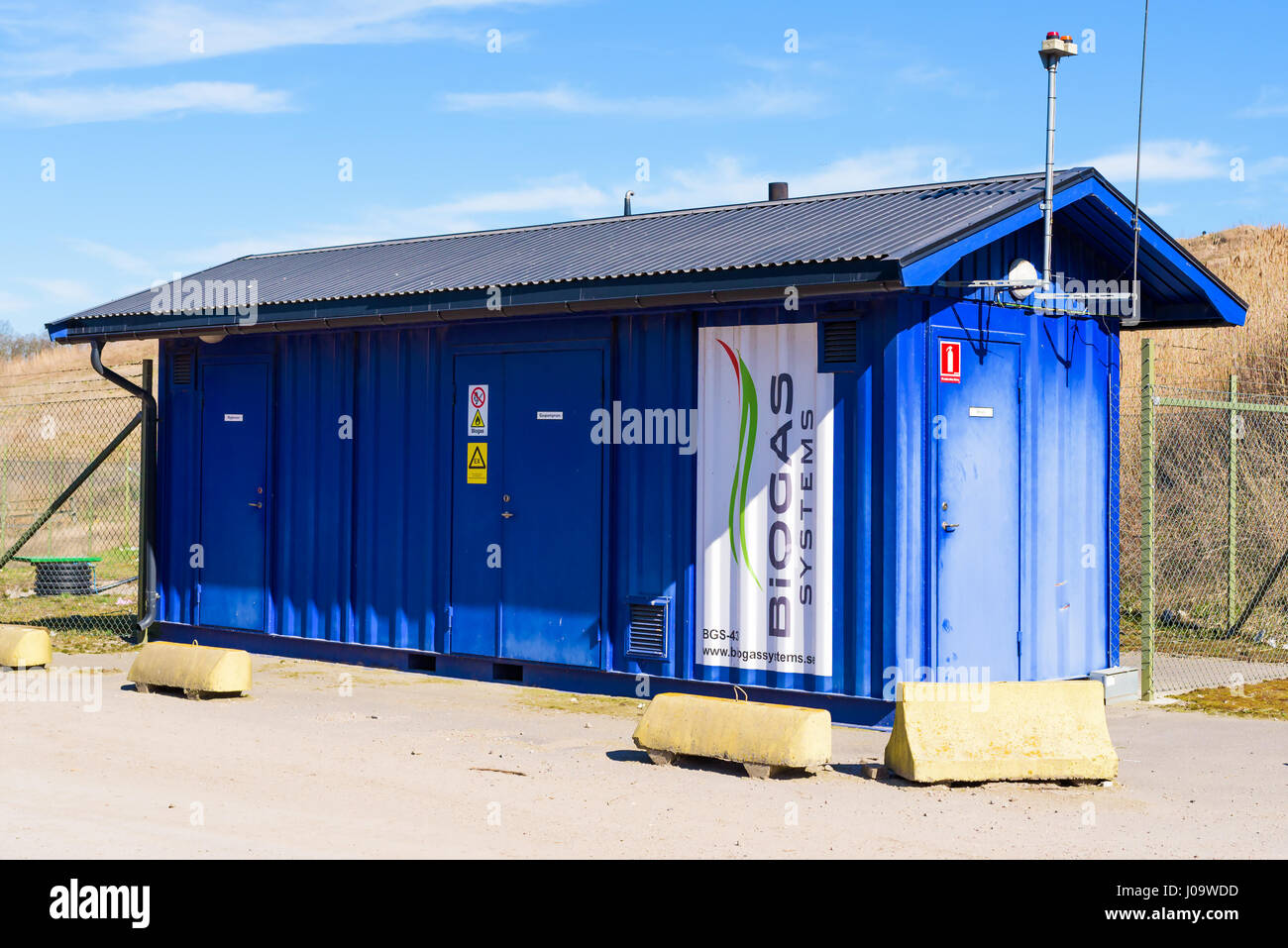 Ronneby, Sweden - March 27, 2017: Documentary of public waste station. Automated landfill gas station control and pump building. Stock Photo