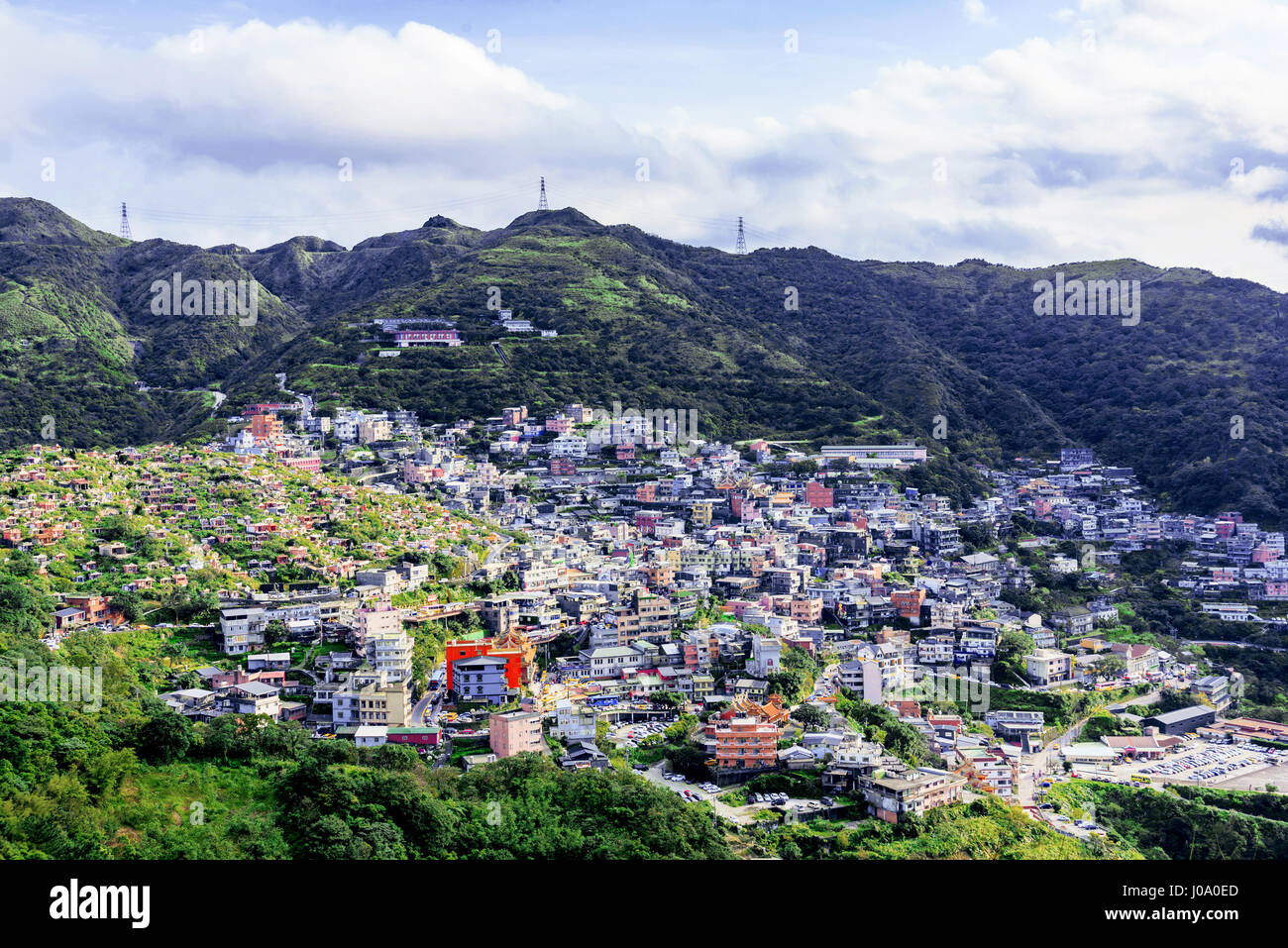 View of jiufen town from Jilong mountain in Taiwan Stock Photo
