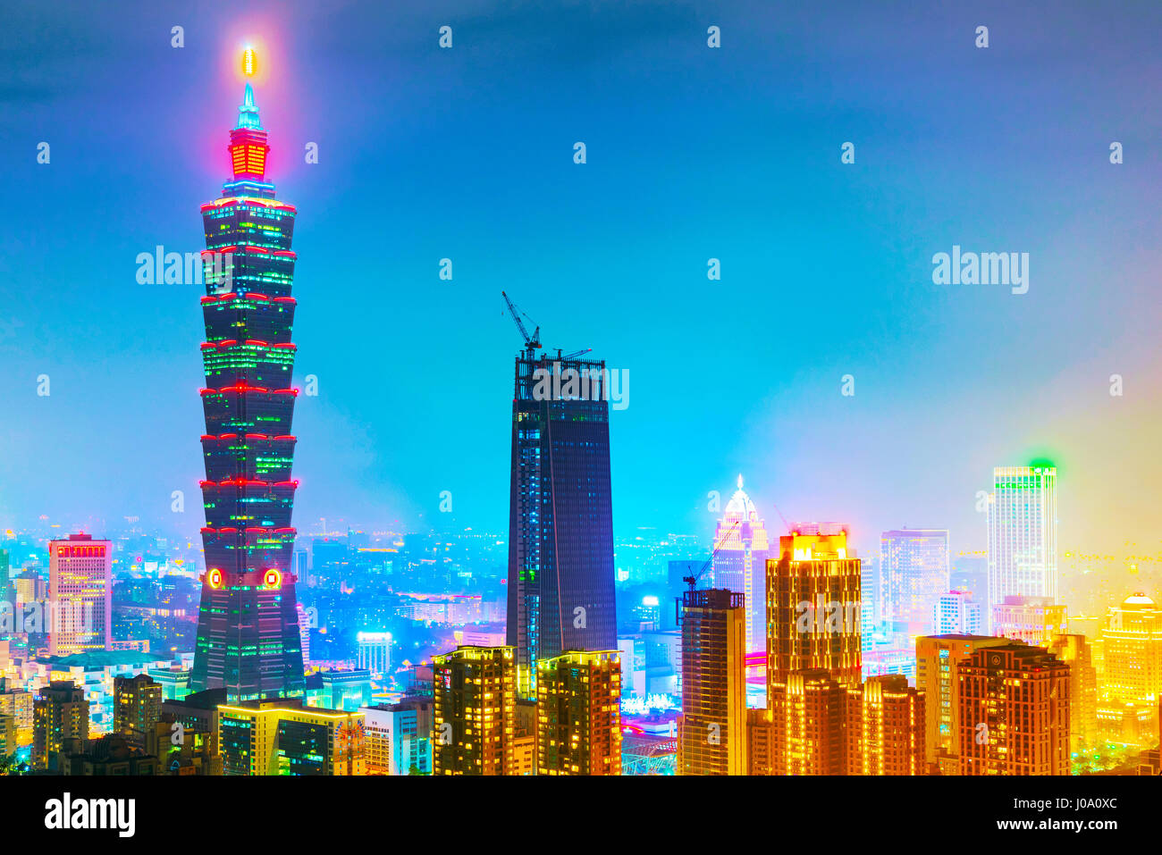 This is a night view of Taipei 101 and Xinyi financial district architecture taken from Elephant mountain Stock Photo