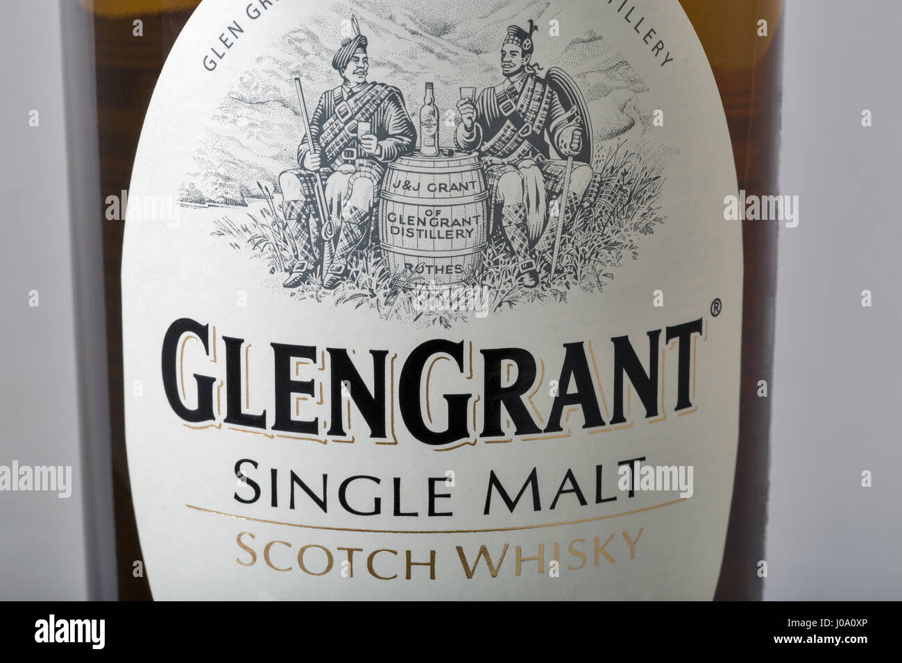 KIEV, UKRAINE - APRIL 17, 2016: Glen Grant Speyside Single Malt Scotch Whisky bottle label closeup. Glen Grant, owned by Gruppo Campari, is the bigges Stock Photo