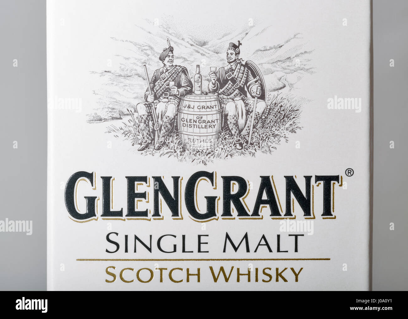 KIEV, UKRAINE - APRIL 17, 2016: Glen Grant Speyside Single Malt Scotch Whisky box label closeup. Glen Grant, owned by Gruppo Campari, is the biggest s Stock Photo