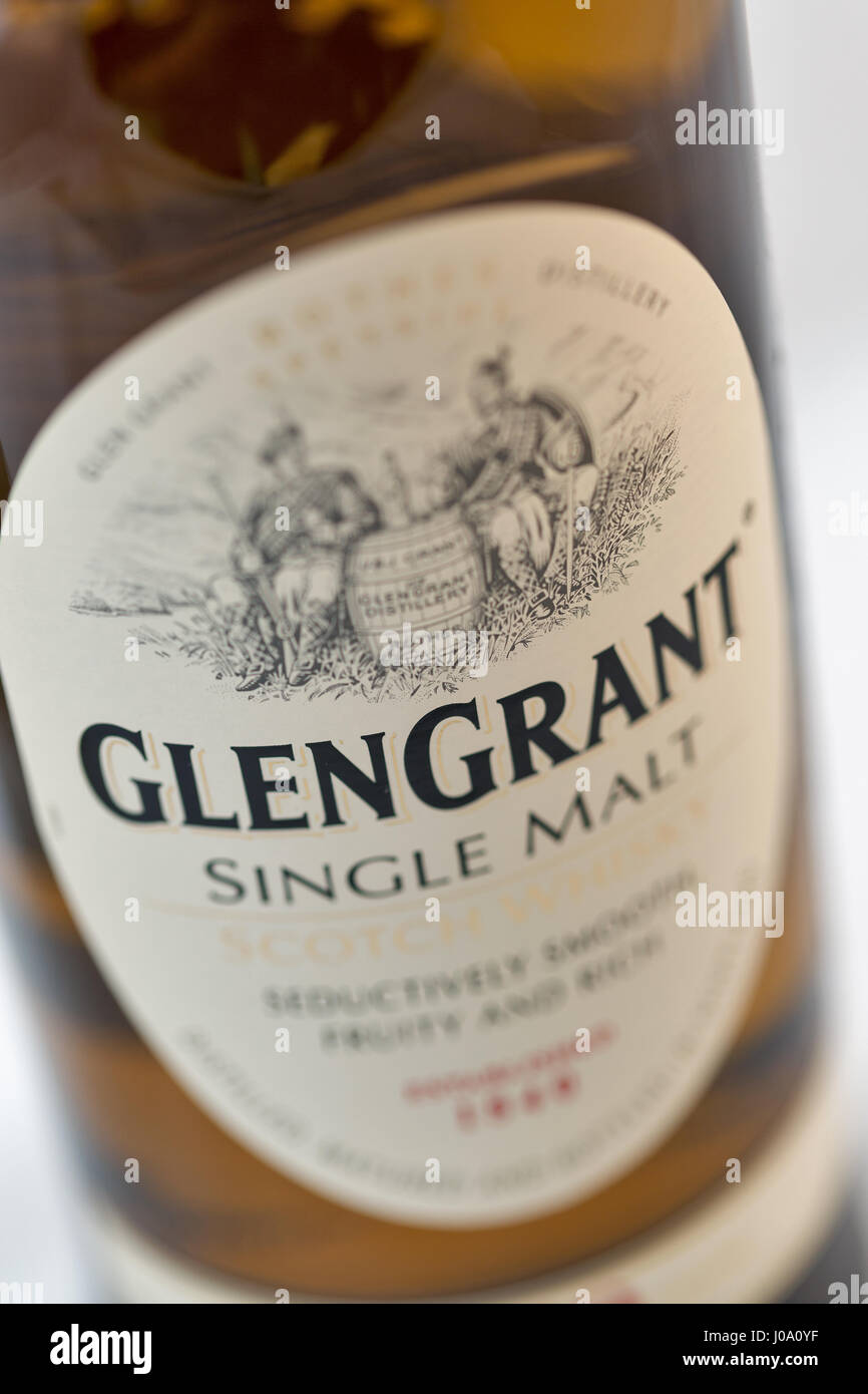 KIEV, UKRAINE - APRIL 17, 2016: Glen Grant Speyside Single Malt Scotch Whisky bottle label closeup. Glen Grant, owned by Gruppo Campari, is the bigges Stock Photo