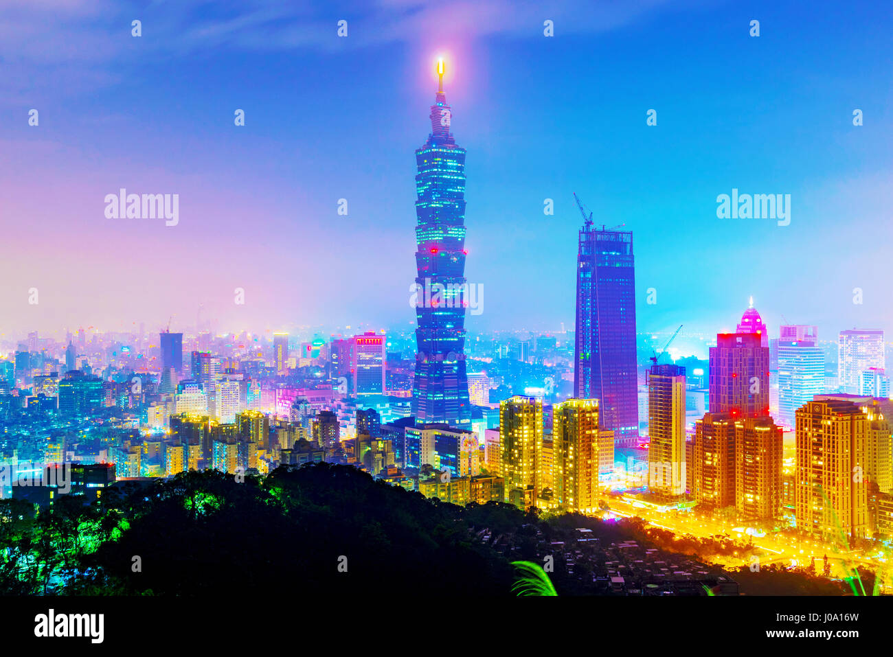 TAIPEI, TAIWAN - MARCH 20: This is a view of the Taipei 101 building and Xinyi financial district taken from Elephant mountain at night on March 20, 2 Stock Photo