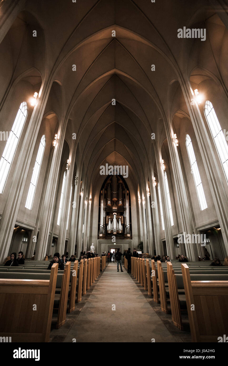 The beautiful pipe organ inside Hallgrímskirkja, the iconic church in Reykjavik, Iceland. Stock Photo
