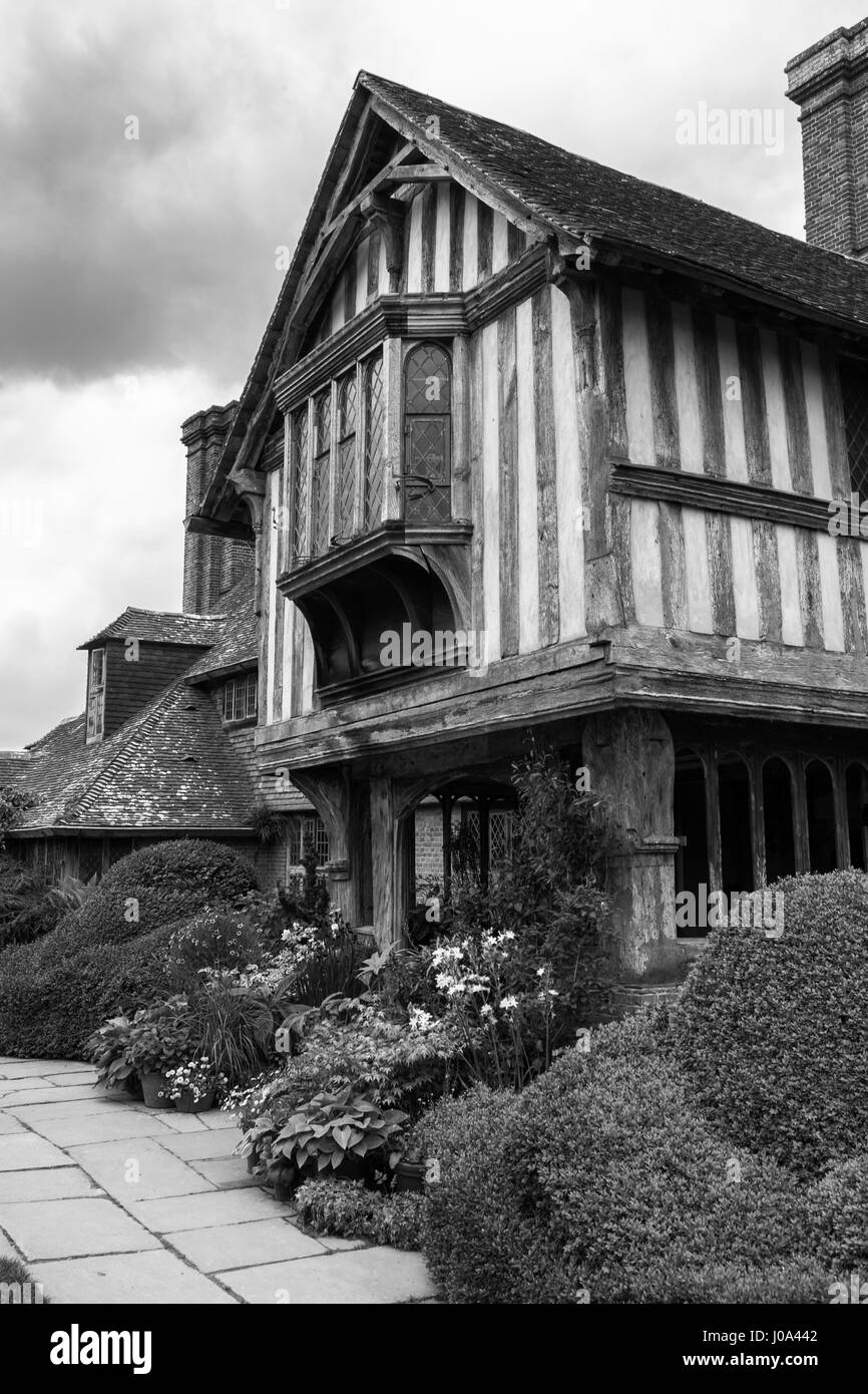 Great Dixter Manor, Northiam, East Sussex, England, United Kingdom: the late Christopher Lloyd's famous  house and garden.  Black and white version Stock Photo