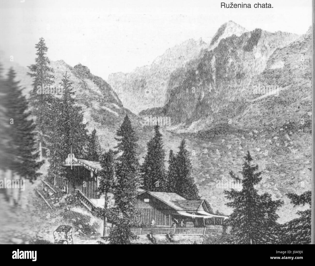 The photograph 'Starí Smokovec Ruženina chata - Hrebienok' shows the historic Ruženina chata mountain hut in the High Tatras, Slovakia. The image captures the scenic beauty of the mountainous landscape surrounding the hut, a popular destination for hikers. Stock Photo
