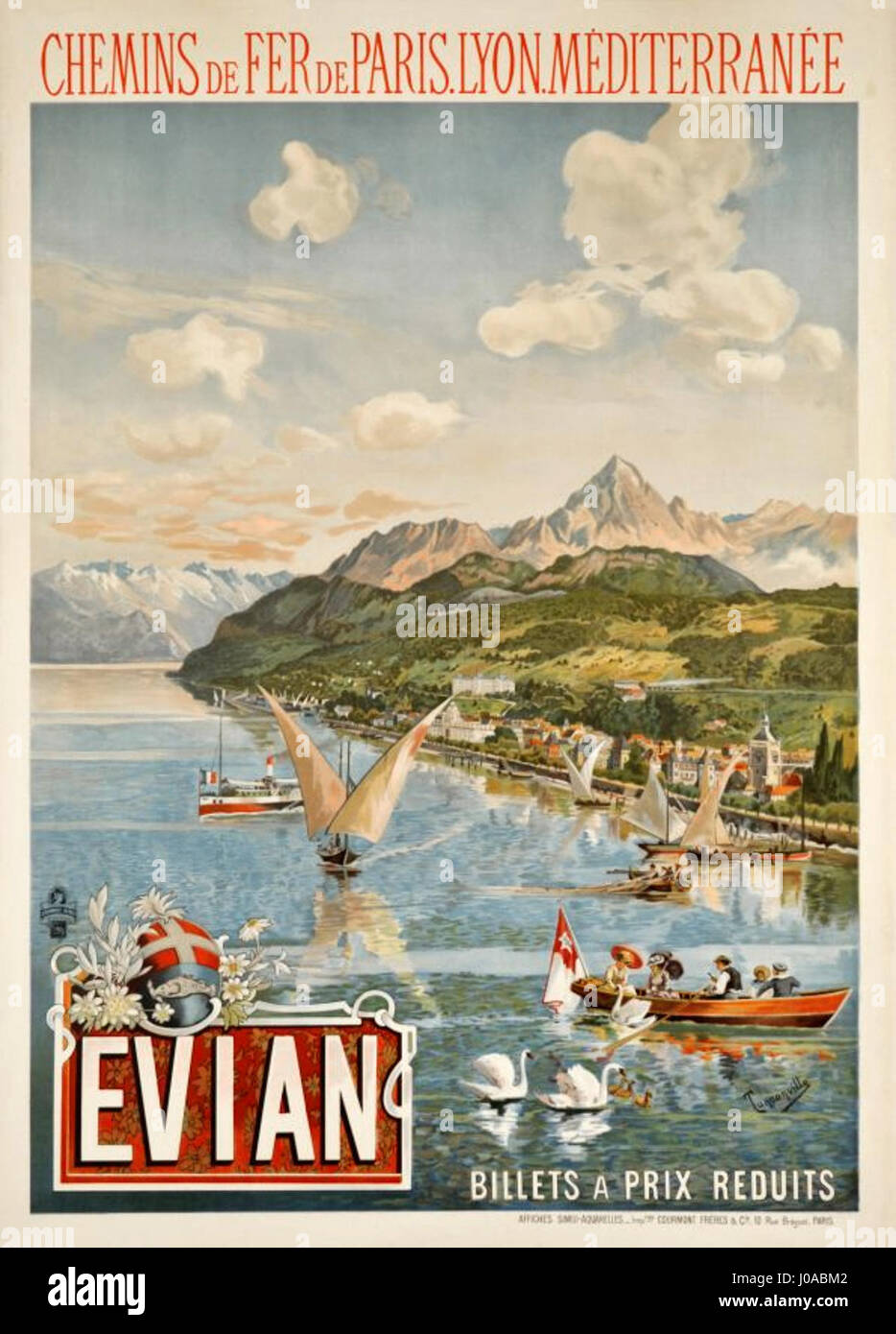 This vintage poster promotes the PLM (Paris-Lyon-Méditerranée) railway's Évian service in 1901, showcasing a picturesque and inviting view of the French town of Évian, famous for its mineral water. Stock Photo