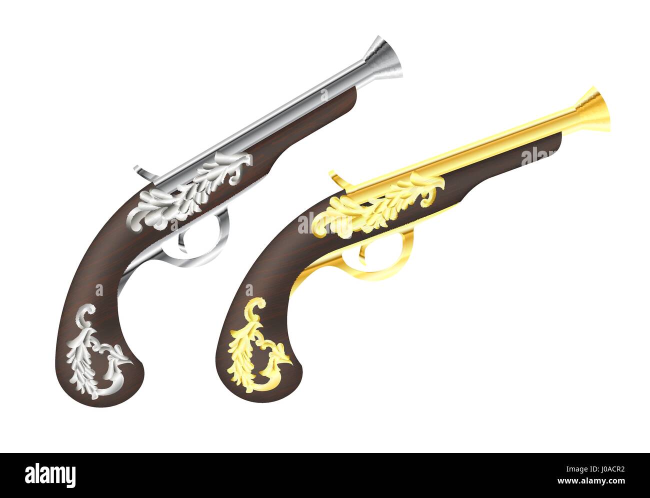 silver and gold Pirate Pistol on a white background Stock Vector