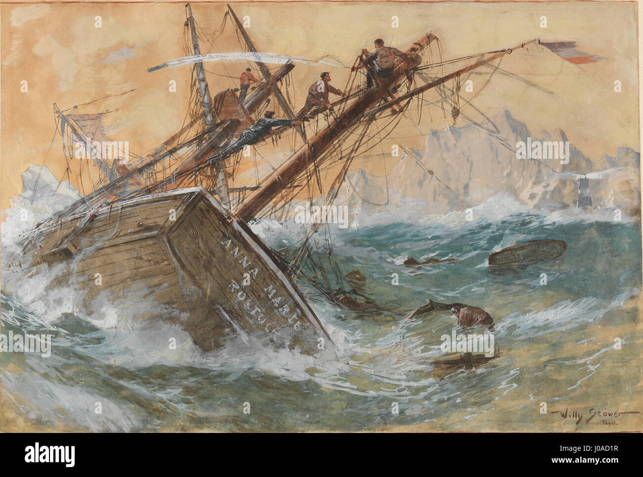 ‘Schiffbruch der Anna Marie aus Rostock’ (Shipwreck of the Anna Marie from Rostock) by Willy Stöwer depicts the dramatic maritime disaster of a shipwreck off the coast of Rostock, Germany. The painting captures the tension and chaos of the event, with dynamic waves and turbulent skies reflecting the urgency and violence of the disaster. Stock Photo
