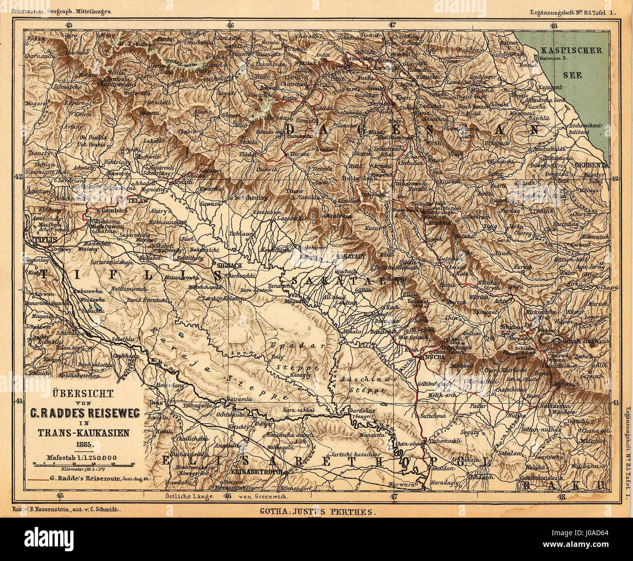 Übersicht von C. Raddes Reiseweg in Trans-Kaukasien 1885 Stock Photo