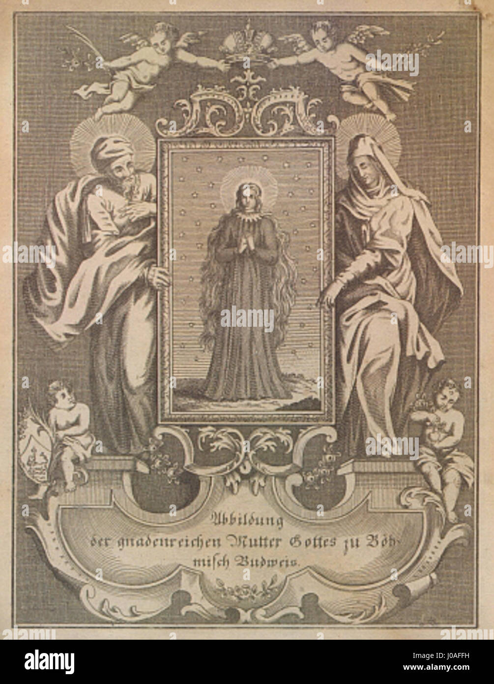 Mědiryt s vyobrazením Panny Marie Budějovické z druhé poloviny 18. století Stock Photo