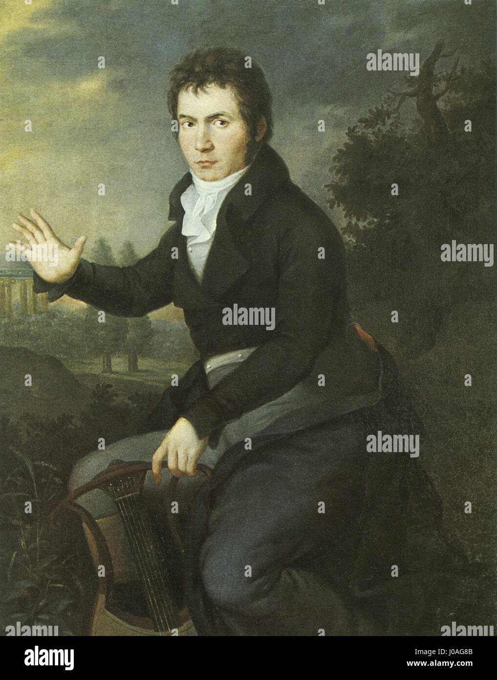 This 1804 portrait of Ludwig van Beethoven, painted by Joseph Karl Stieler, captures the composer in a moment of serious contemplation. Known for his profound contributions to classical music, Beethoven's image is often portrayed with a mix of intensity and focus. Stock Photo