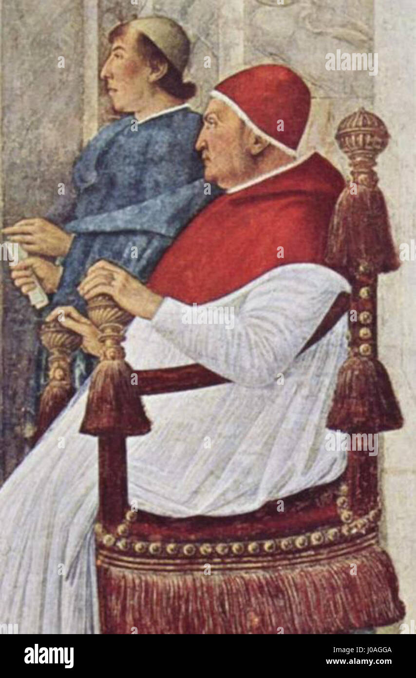 Melozzo da Forlì's painting 'Sisto IV nomina Bartolomeo Platina Prefetto della Biblioteca Vaticana' depicts the appointment of Bartolomeo Platina as Prefect of the Vatican Library in 1477. The work is a significant piece of Renaissance art, showcasing a historical moment in the Vatican’s intellectual history. Stock Photo