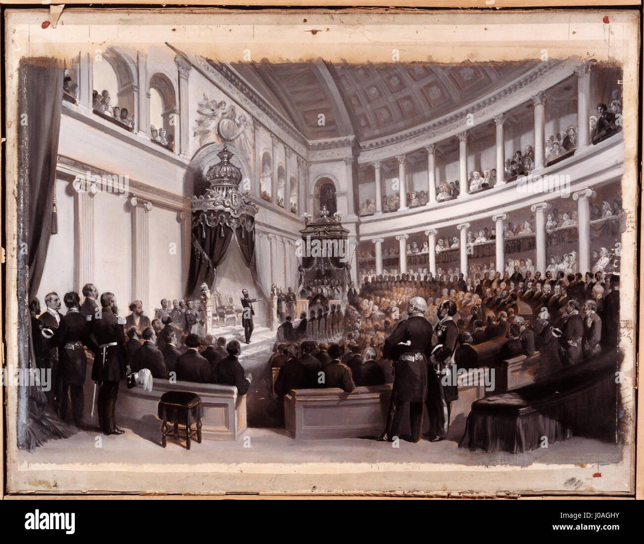 The painting 'Prestation de serment de Léopold II' depicts the formal swearing-in ceremony of King Leopold II of Belgium, capturing the historical significance of the event. Stock Photo