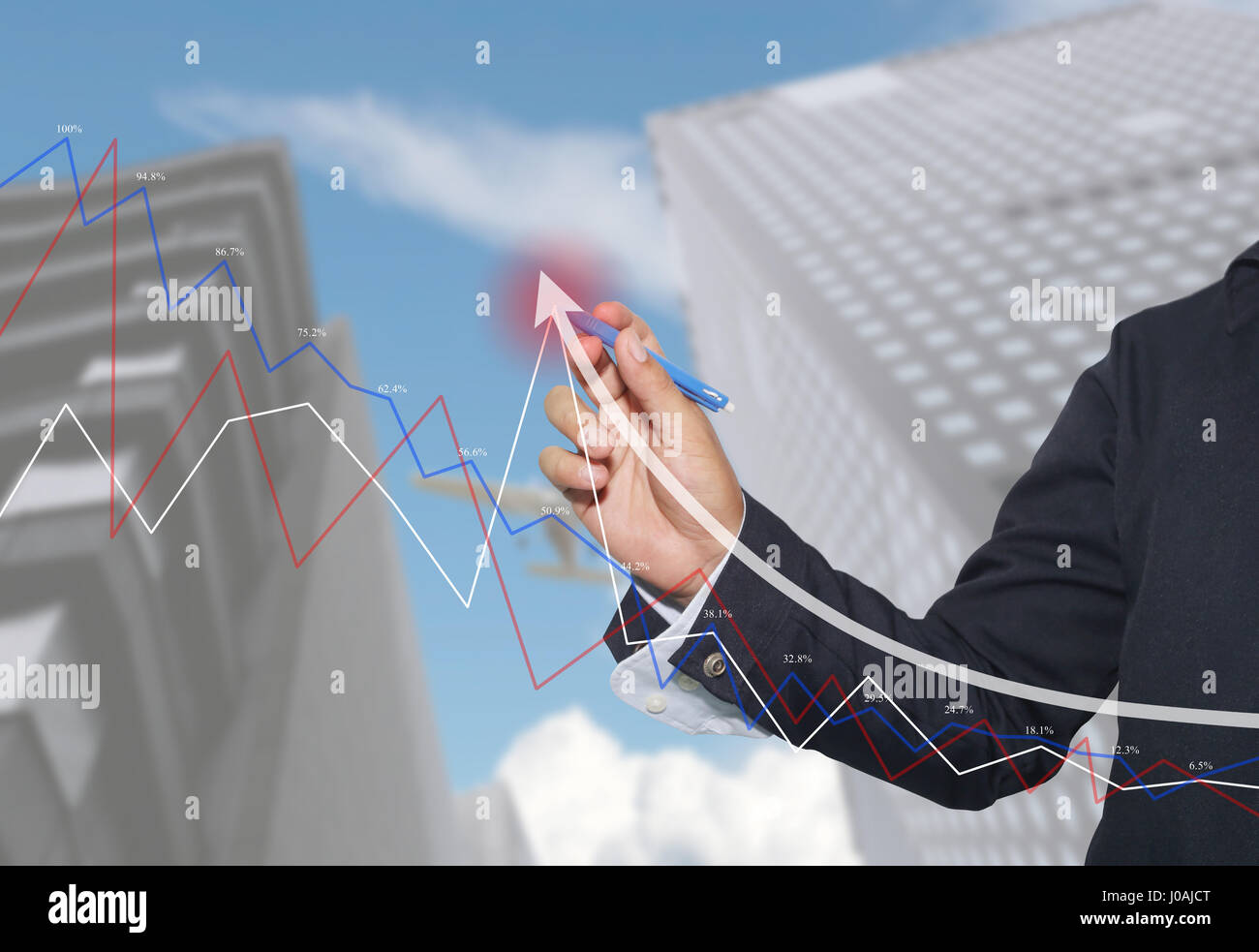 Hand of businessman use a blue pen point to top white arrow of grow ...