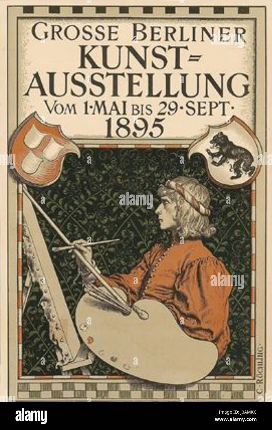 The 'Grosse Berliner Kunstausstellung 1895' was a major exhibition organized by Carl Rösling. It showcased prominent artworks from the late 19th century, representing key artistic movements of the time. Stock Photo
