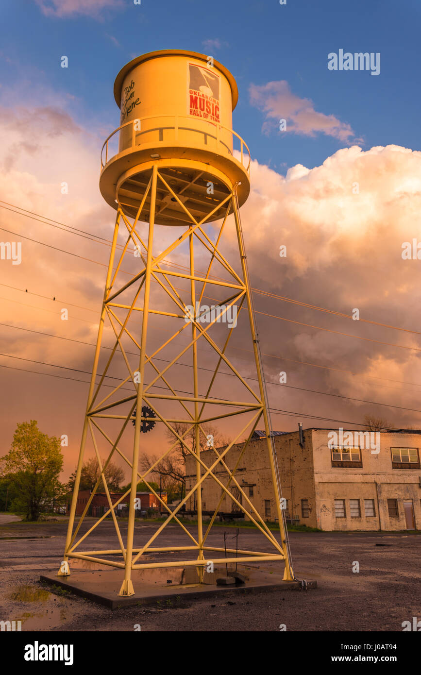 Water tower at the Oklahoma Music Hall of Fame in Muskogee, Oklahoma's Depot District. Stock Photo