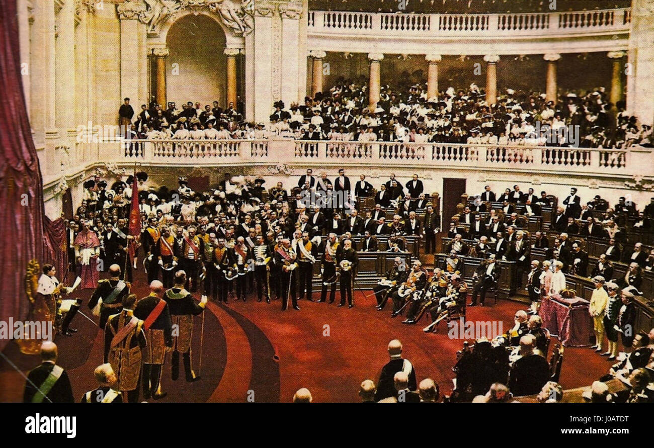 This historical event refers to the acclamation of Dom Manuel II, the last King of Portugal, marking a significant moment in Portuguese monarchy history. Stock Photo