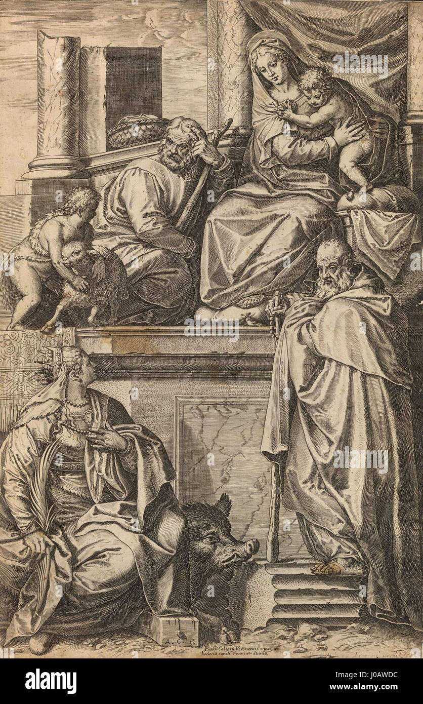 Agostino Carracci A Sagrada Família com São João Batista, Santa Catarina e Santo Antão Stock