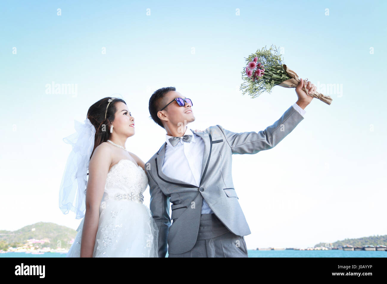 Pre Wedding photography thai couples at Koh Si Chang Island concept in memory of love. Stock Photo