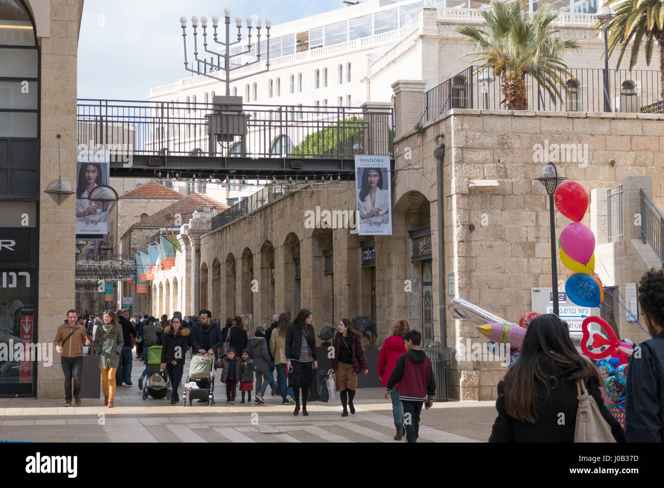 Shoppers and tourists at Mamilla shopping street. Located by Jaffa gate, Mamilla Avenue, is an upscale shopping street and the only open-air mall in J Stock Photo