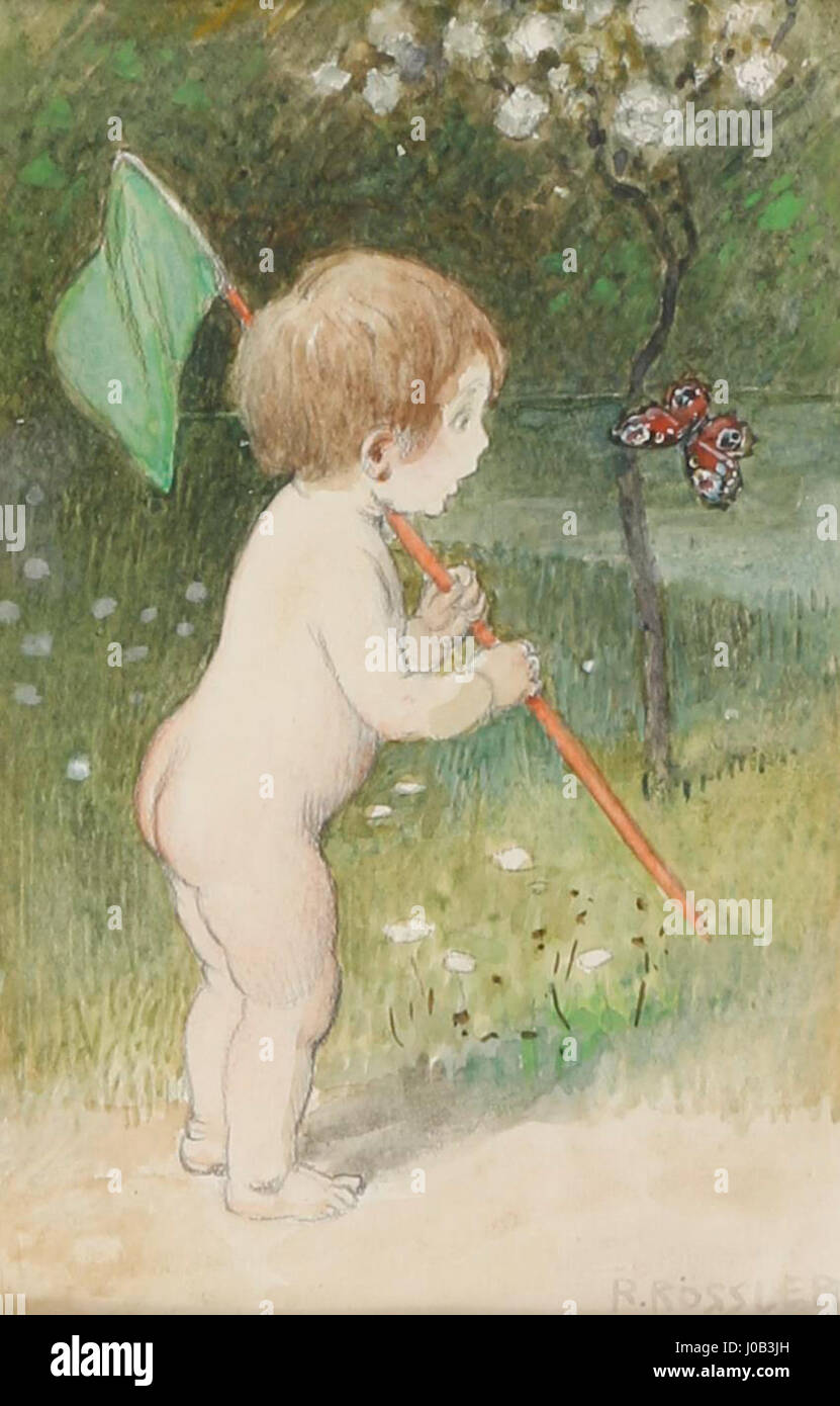 'Kind beim Schmetterlingsfangen' by Rudolf Rössler depicts a child chasing butterflies in a natural setting. The painting emphasizes the innocence of childhood and the beauty of nature. Stock Photo
