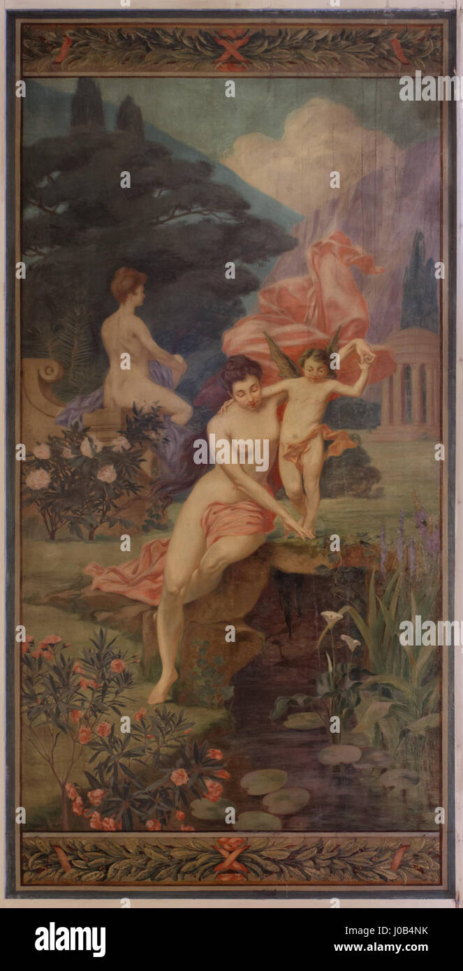Julien Thibaudeau's 1907 painting, 'Le Toucher,' displayed in the Mairie du 10e arrondissement of Paris, features a delicate representation of human interaction, emphasizing the moment of touch through soft tones and naturalistic forms. Stock Photo