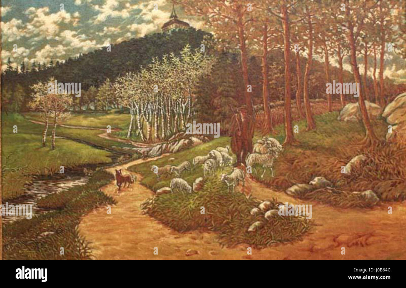 *Pas k ovcí* (Shepherd with Sheep) by Karel Tuma is a 1935 painting that portrays a rural Czech shepherd guiding a flock of sheep. The work reflects Tuma's ability to capture the simplicity and serenity of rural life, with a focus on harmony between man and nature. Stock Photo