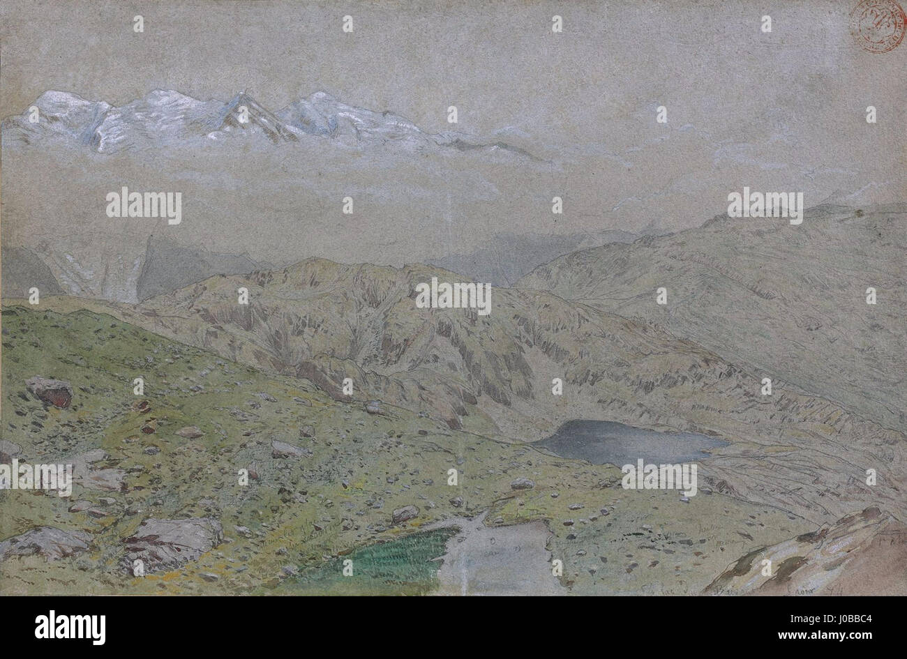 Vue des sommets de la chaine du Mont-Blanc depuis le lac du Brévent Stock Photo