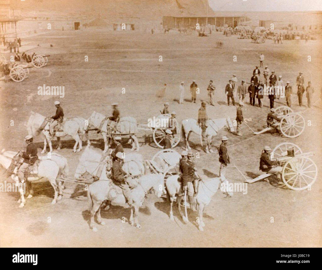 'Artillería N°2' depicts the Gatling gun battery during the Battle of Arica. The artwork captures the military presence and intense action of the 1880 conflict, emphasizing the strategic importance of artillery in warfare. Stock Photo
