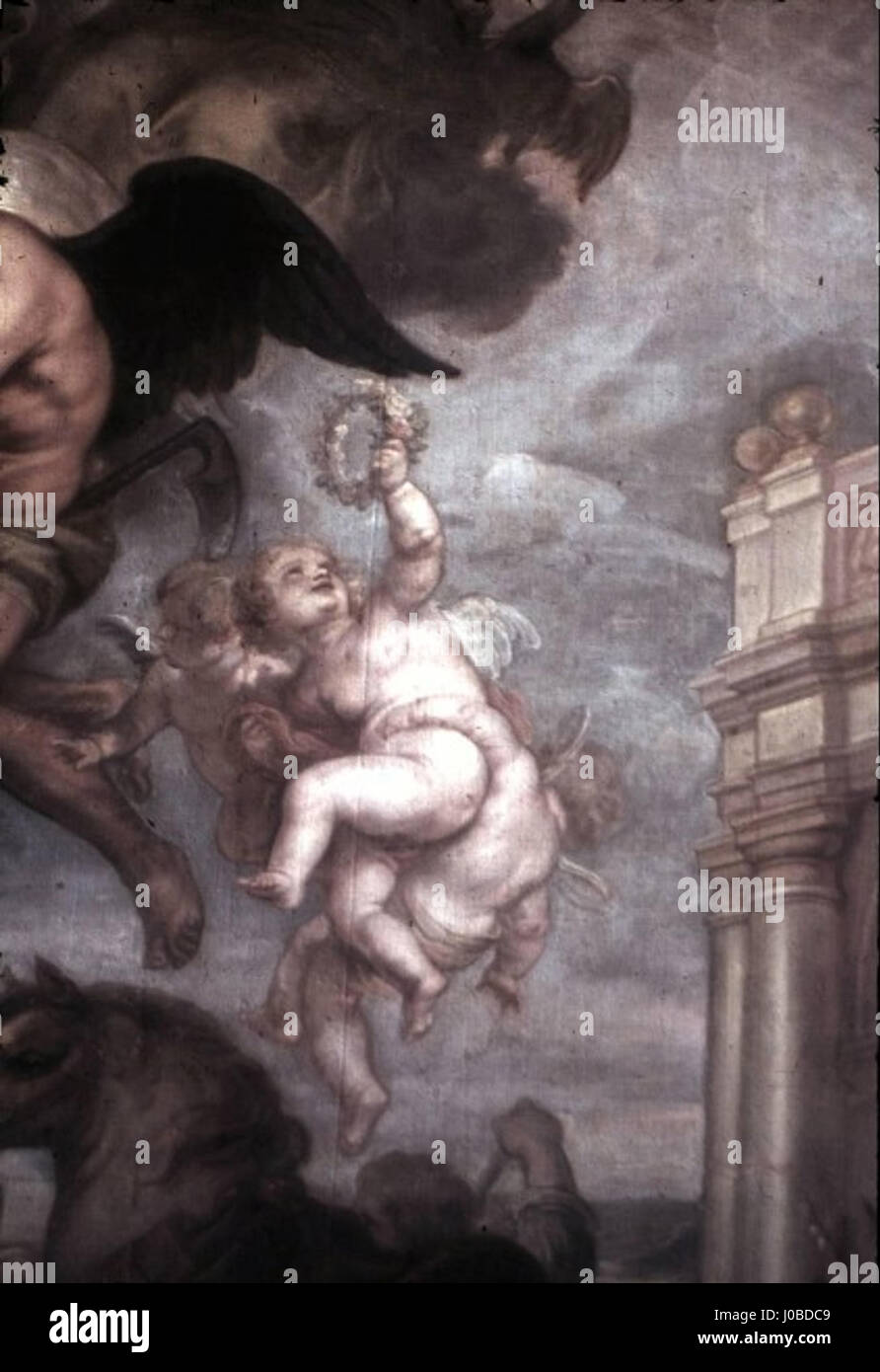 Theodor van THULDEN (1606E280931669), Allegorie auf die Erwerbung Magdeburgs, Gemälde im Stadtschloss Potsdam (Marmorsaal), Ausschnitt Drei fliegende Putten Stock Photo
