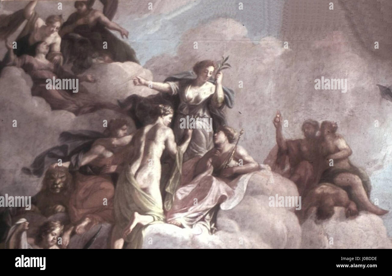 Paul Carl LEYGEBE (1664E280931756), Triumphzug des Groğen Kurfürsten, Gemälde im Stadtschloss Potsdam (Marmorsaal), Ausschnitt Weibliche Allegorien oben links Stock Photo