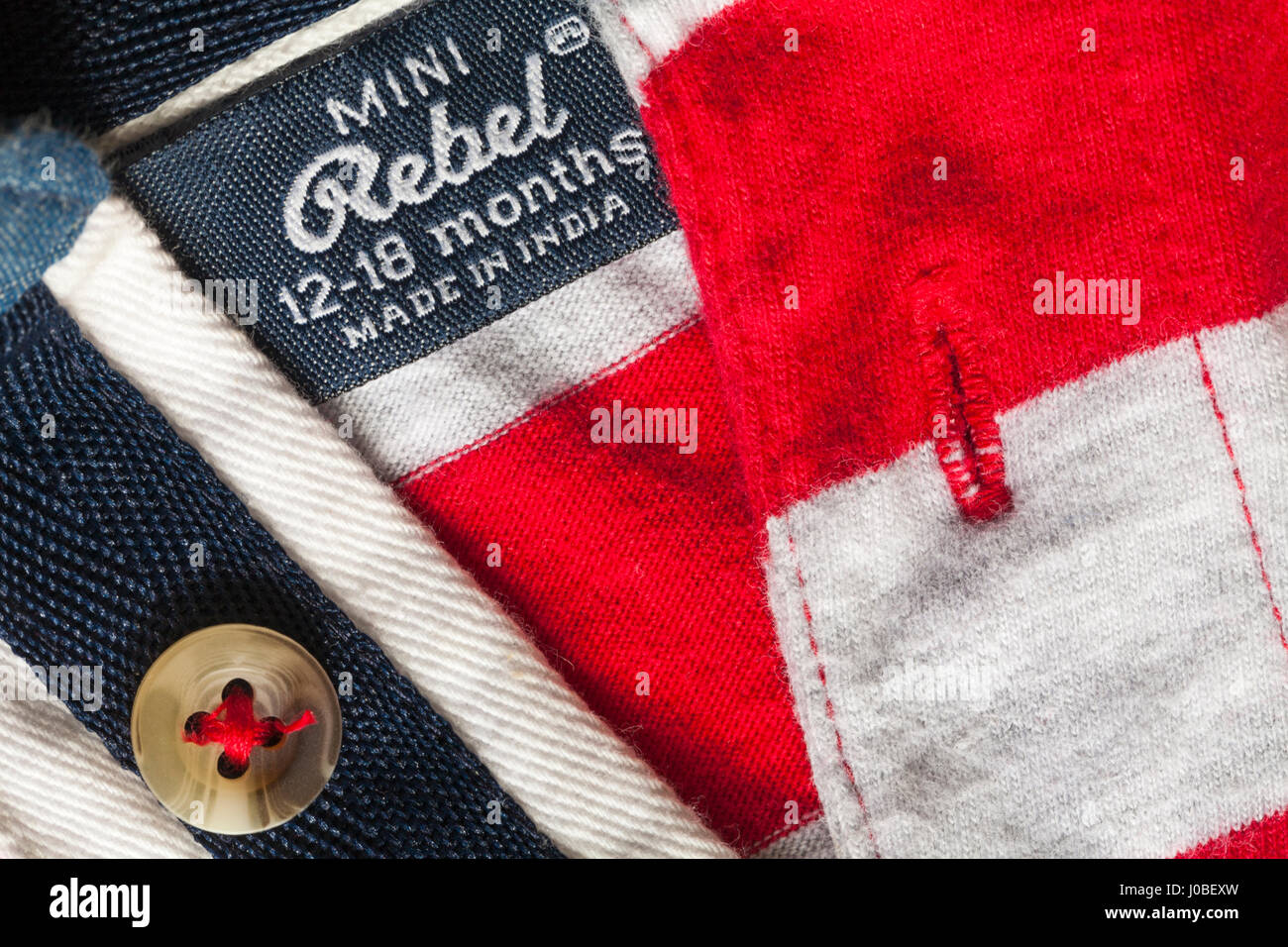 Mini Rebel label in clothing Made in India for ages 12-18 months - sold in the UK United Kingdom, Great Britain Stock Photo