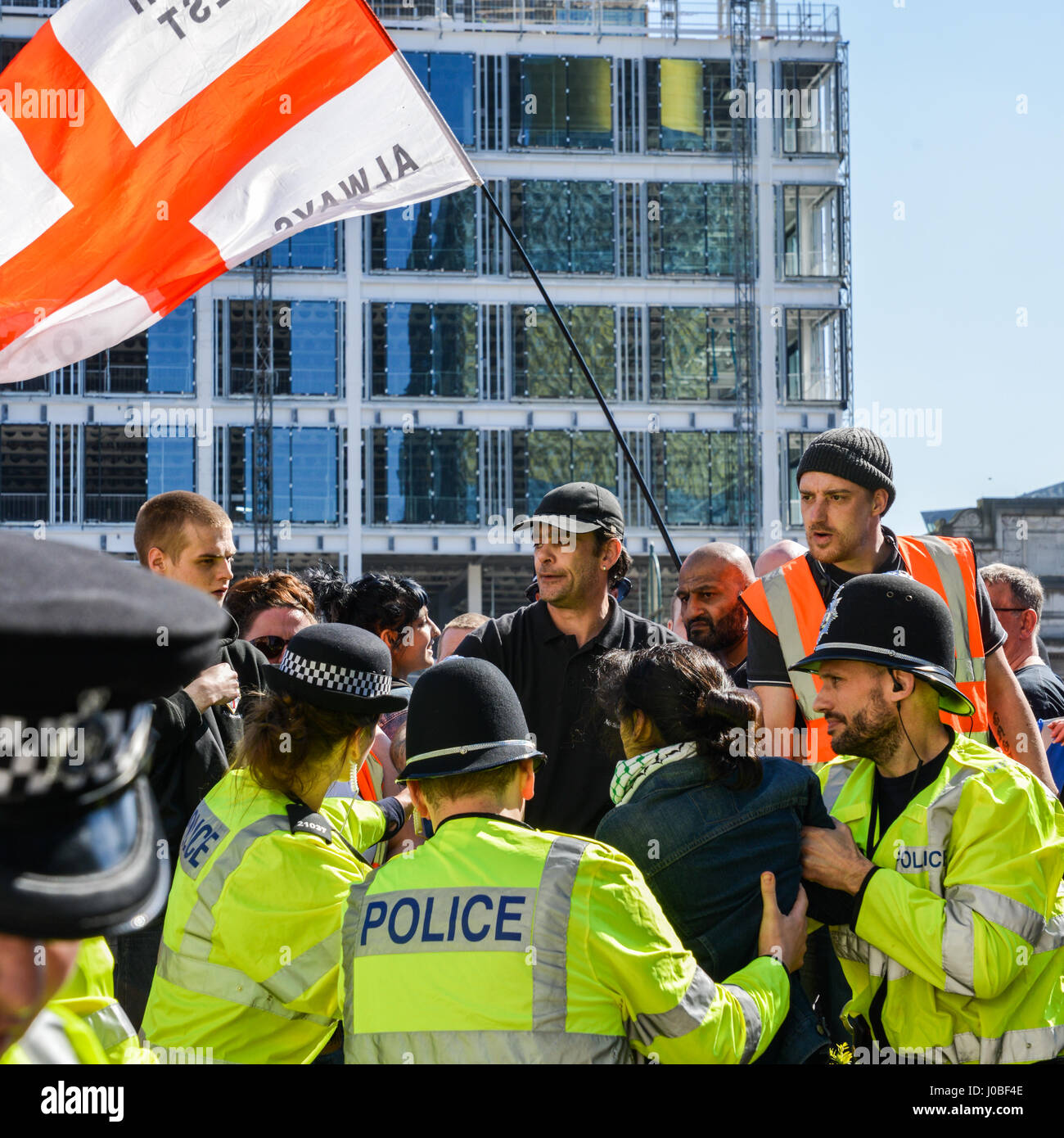 April 8th, 2017 - Birmingham, UK: Saffiyah Khan is surrounded by English Defence League (EDL) supporters during a rally in Birmingham Stock Photo