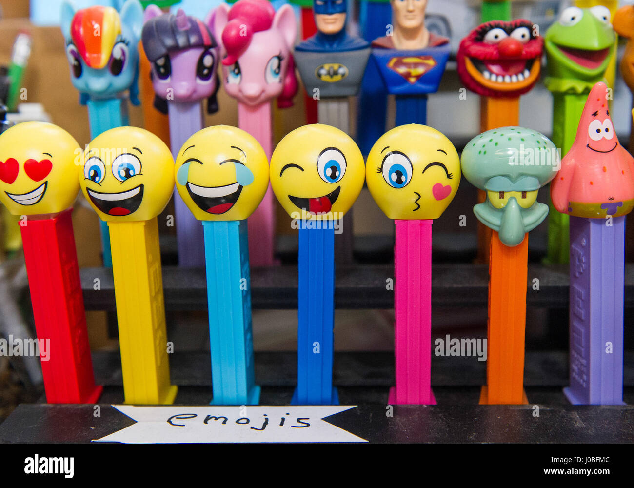 BURLINGAME, CALIFORNIA, USA: THE ULTIMATE Pez dispenser collection with over 1000 varieties in total showcases every available dispenser ever sold. From sinister eye-ball shaped and alien head candy dispensers to what today look like emoji faces laughing and crying, this bizarre collection shows just how obsessive one man can be about these collectables that have been in production for 60 years. Other pictures show the dispensers with familiar cartoon characters Casper the Friendly Ghost, Micky Mouse and Popeye. Pez Memorabilia Museum owner Gary Doss built his collection over 22-sweet years fr Stock Photo