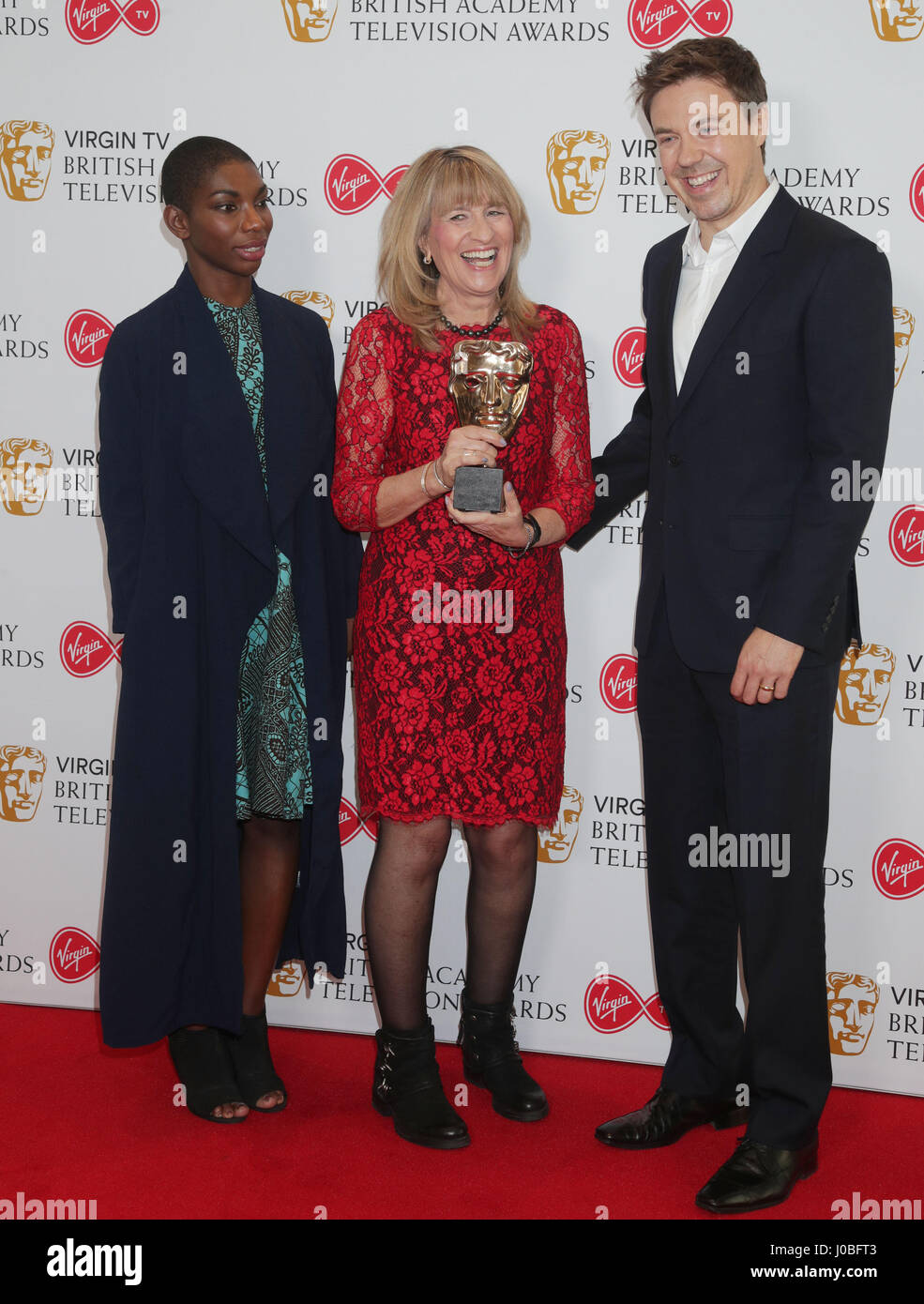 Jane Lush (centre), BAFTA Chair of the Academy, with Andrew Buchan and Michaela Coel during the TV Bafta nominations at BAFTA, in central London. Stock Photo