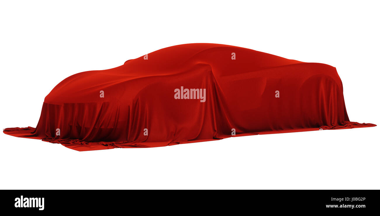 New racing design car covered with red cloth. 3d rendering illustration Stock Photo