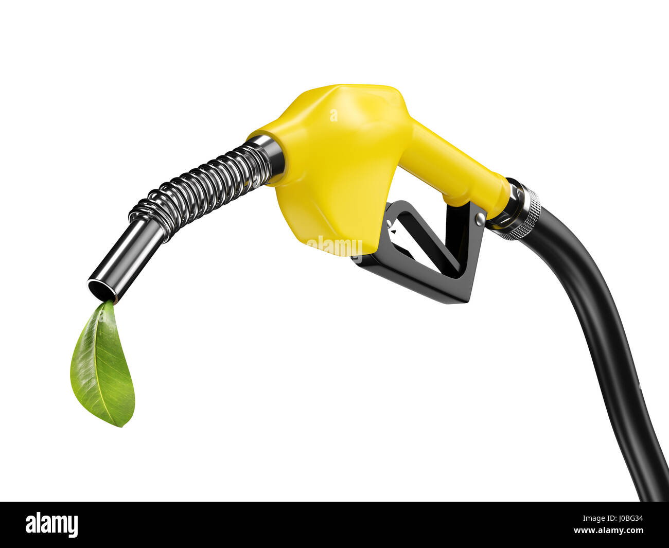 Yellow fuel pump nozzle with green leaf. Bio eco fuel concept. 3d rendering Stock Photo