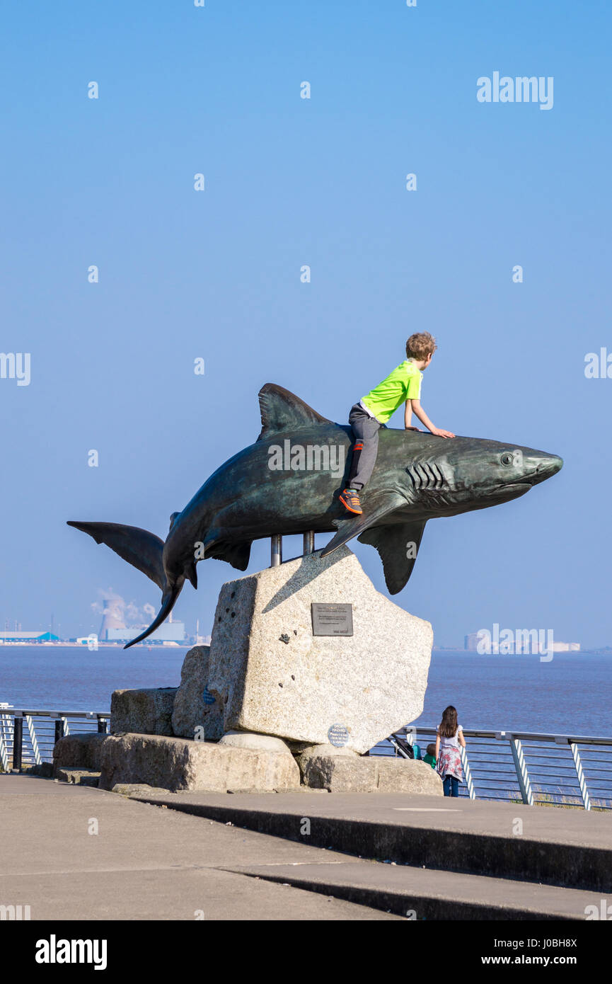 Small boy sitting on 'Shark', bronze sculpture of grey reef shark by Christopher Kelly, 2002, The Deep aquarium, Kingston-upon-Hull Yorkshire, England Stock Photo