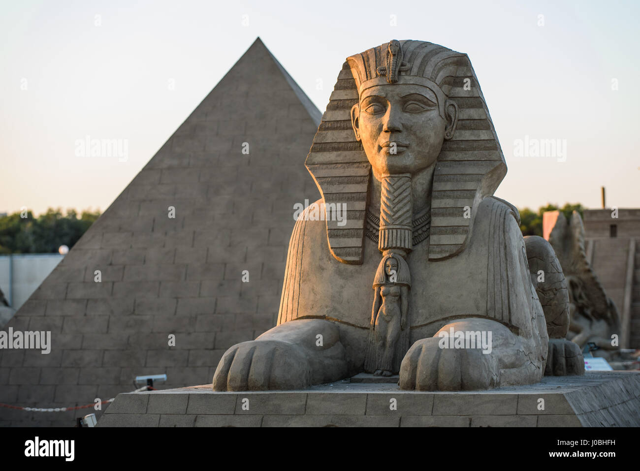 Sphinx. ANTALYA, TURKEY: FROM the Pyramids of Egypt to mighty Viking god Thor these amazing works of art that are made from just sand and water. The theme of this year’s from Antalya International Sand Sculpture Festival is the ‘Seven wonders of the world and mythology’ and the spectacular sculptures include the Taj Mahal, The Sphinx and the Inca Pyramids. Other sculptures include mythical gods from a range of ancient cultures including Neptune from Greece, Thor from the Vikings and Horus from Ancient Egypt. Once night falls the sculptures are lit up by a colourful lighting system. The picture Stock Photo