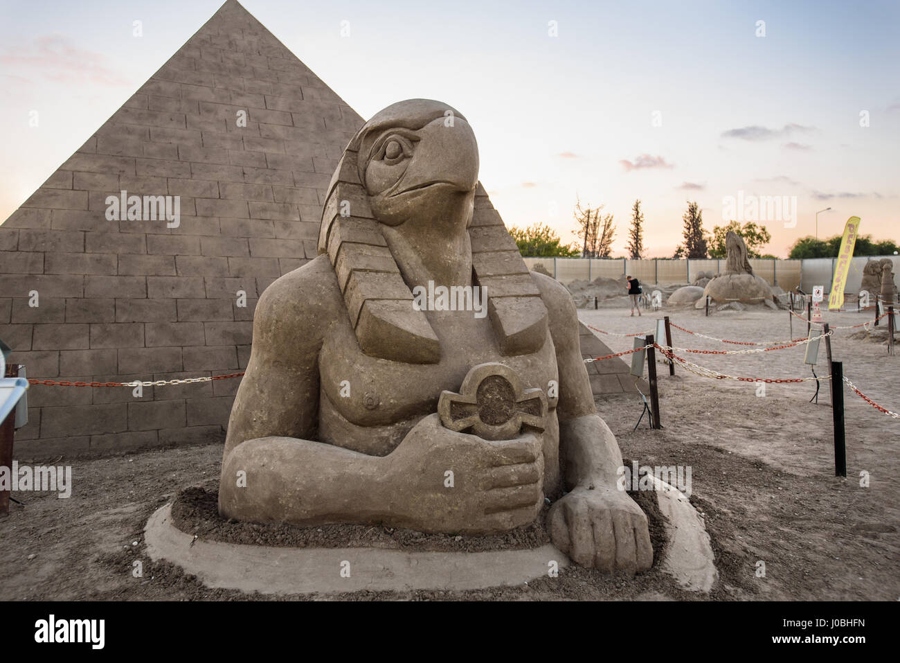 Horus. ANTALYA, TURKEY: FROM the Pyramids of Egypt to mighty Viking god Thor these amazing works of art that are made from just sand and water. The theme of this year’s from Antalya International Sand Sculpture Festival is the ‘Seven wonders of the world and mythology’ and the spectacular sculptures include the Taj Mahal, The Sphinx and the Inca Pyramids. Other sculptures include mythical gods from a range of ancient cultures including Neptune from Greece, Thor from the Vikings and Horus from Ancient Egypt. Once night falls the sculptures are lit up by a colourful lighting system. The pictures Stock Photo