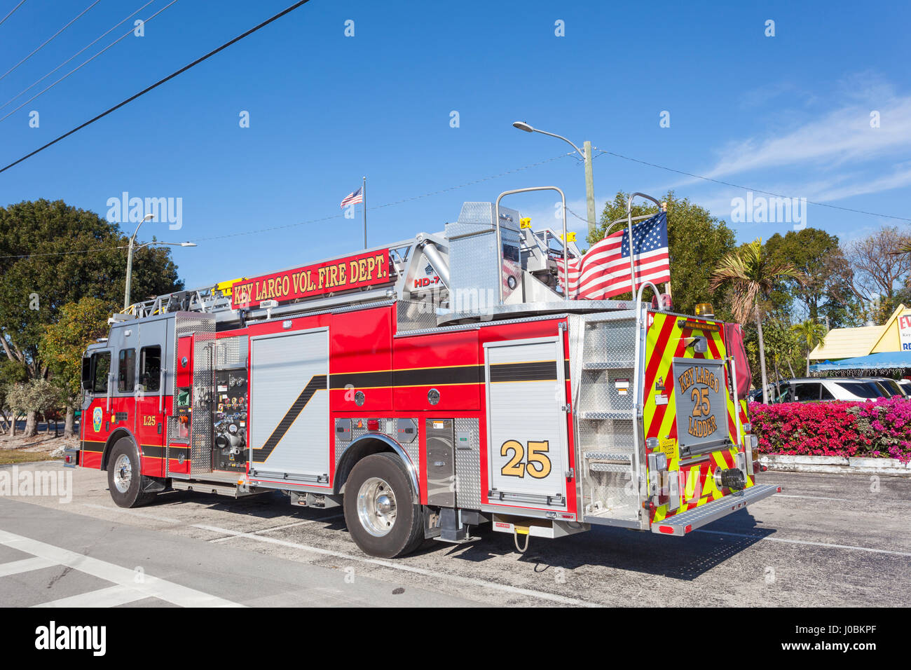 Key Largo, Fl, USA - March 16, 2017: Fire engine of the Key Largo fire department parked on on the side of the road. Florida, United States Stock Photo