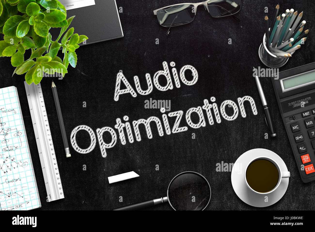Audio Optimization on Black Chalkboard. 3D Rendering. Stock Photo