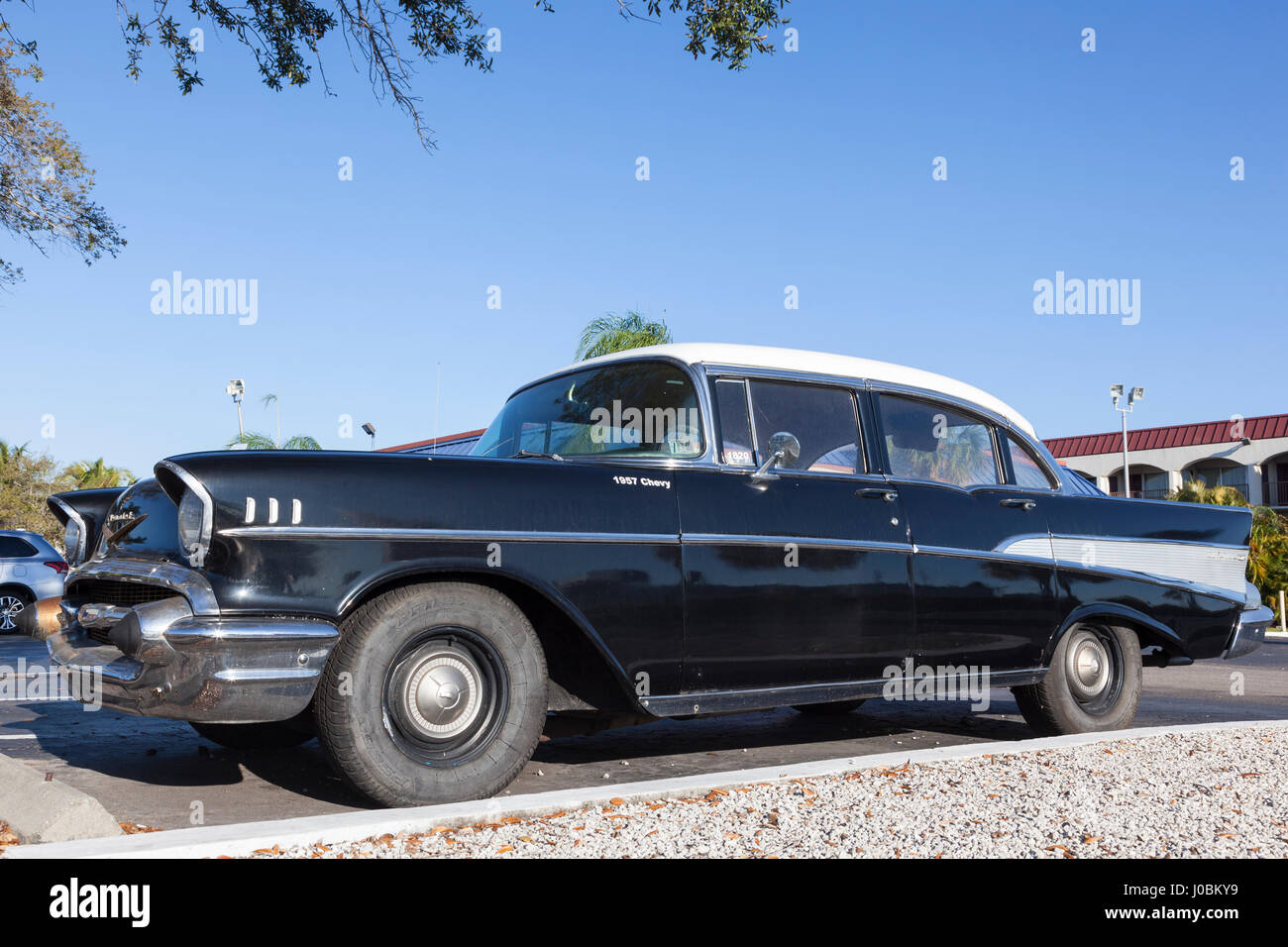 Naples, Fl, USA - March 18, 2017: Black 1957 Chevrolet Belair parked on the street in Naples, Florida, United States Stock Photo