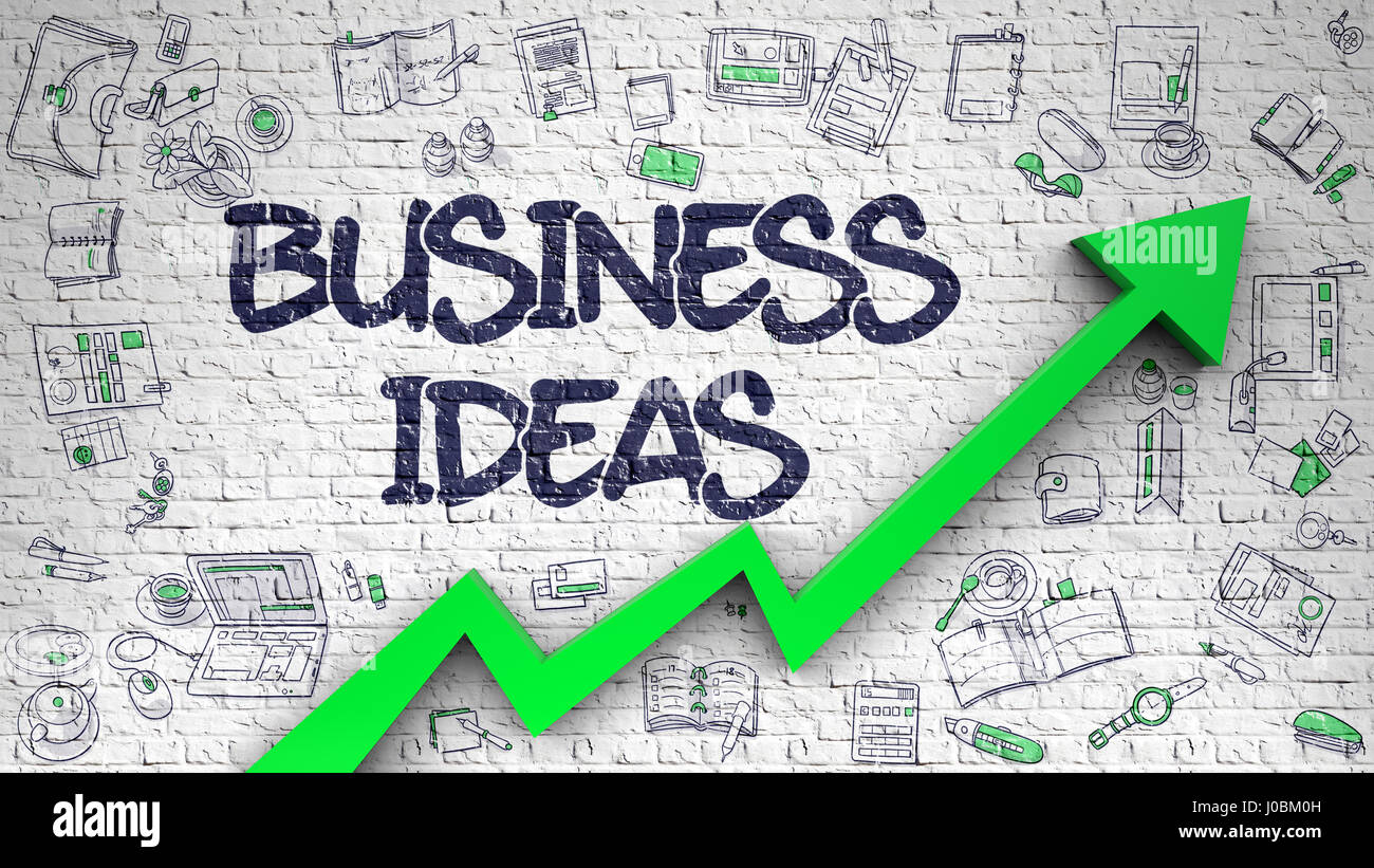 Business Ideas Drawn on Brick Wall. 3d. Stock Photo