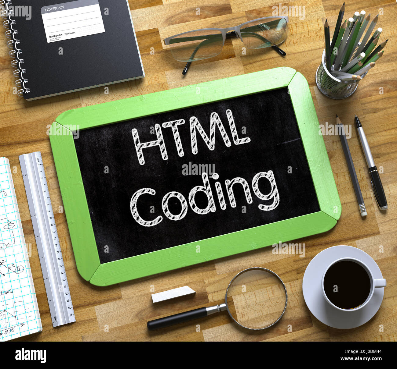 Small Chalkboard with HTML Coding. 3d. Stock Photo