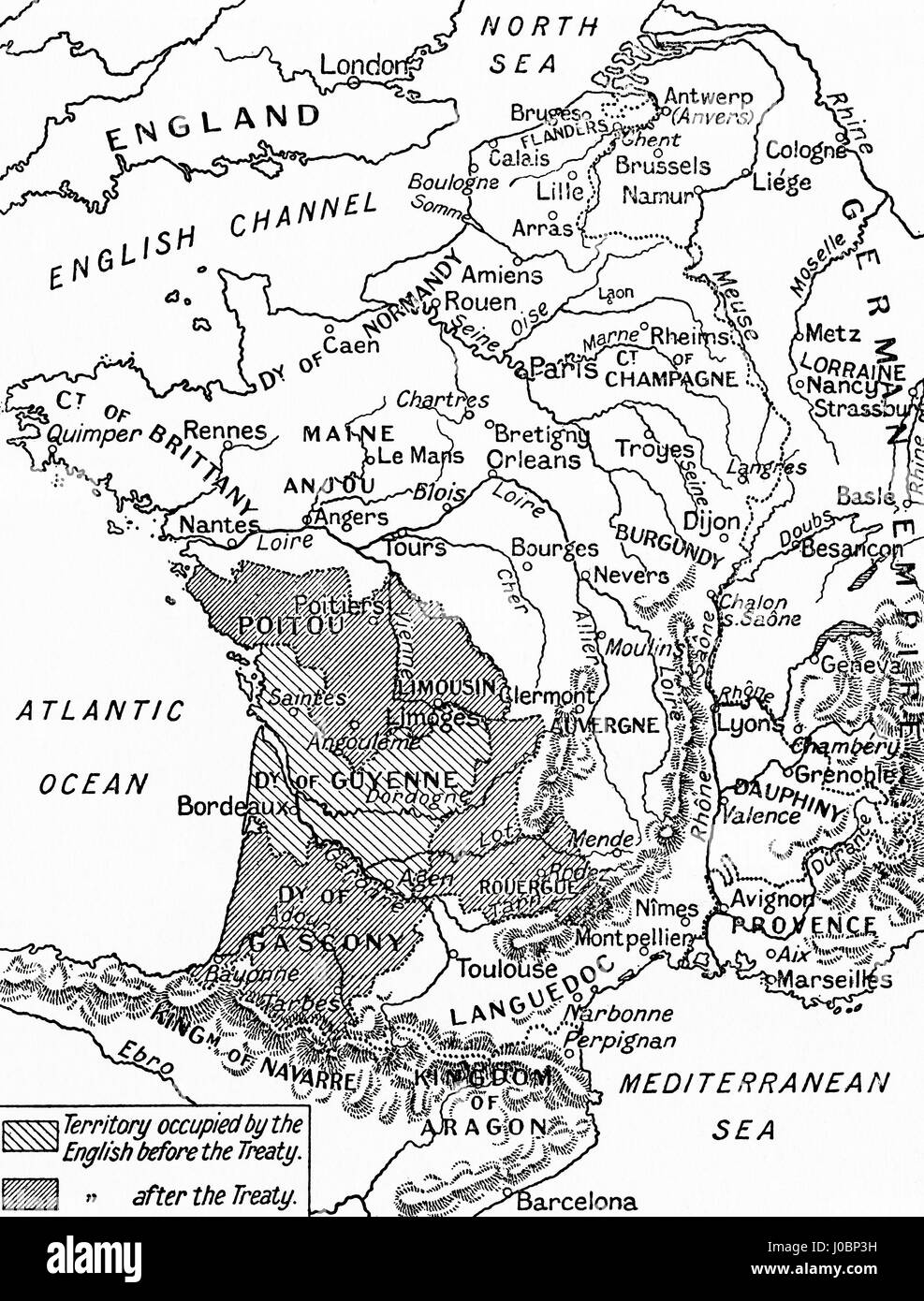 A map of France after the Treaty of Bretigny, 1360.  From Hutchinson's History of the Nations, published 1915. Stock Photo