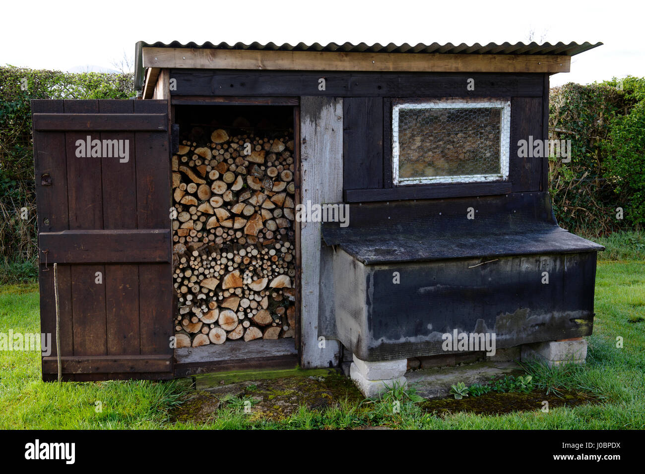 Old wooden chicken house made from recycled materials, with new corrugated  roof used to store split firewood. Door propped open to allow wood to dry  Stock Photo - Alamy