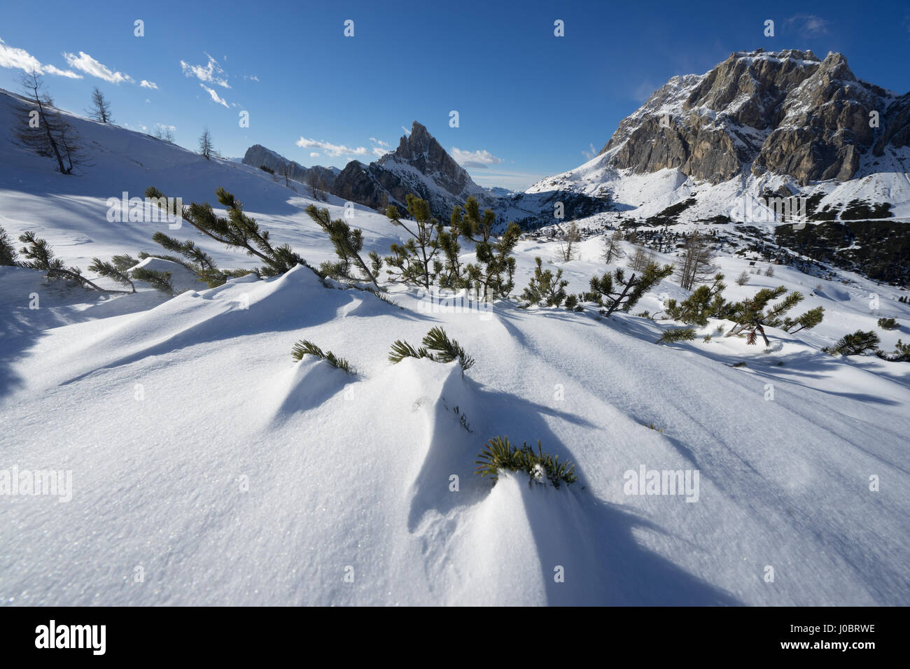 Falzarego Pass or Passo Falzarego near Cortina d`ampezzo in the Italian ...